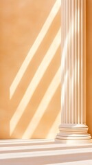 Sunlight streams across a beige wall onto a white classical column and base, creating dramatic shadows