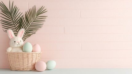 Pastel Easter Basket with Plush Bunny and Eggs