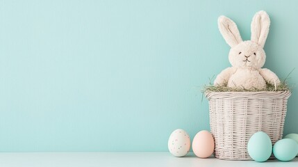 Pastel Easter Basket with Fluffy Bunny and Decorated Eggs