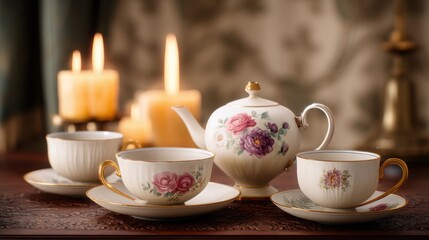 Fototapeta premium elegant vintage tea set with delicate floral porcelain cups arranged on a carved wooden table