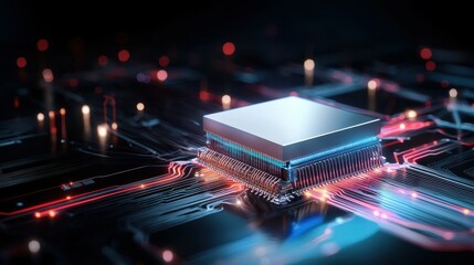 Close-up of a futuristic microchip on a vibrant circuit board.