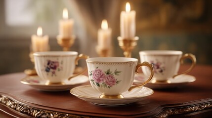 Fototapeta premium elegant vintage tea set with delicate floral porcelain cups arranged on a carved wooden table
