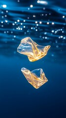 Obraz premium Two translucent plastic bags drift in a deep blue ocean, illuminated by sunlight from above