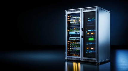 Modern data center equipment with illuminated servers and networking devices in a dark setting.