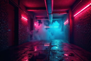 Empty brick basement, neon lights illuminate smoke-filled space , industrial, night