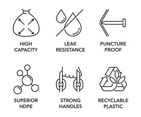 Plastic pack icons - HDPE, Strong handles, Recyclable. High capacity, Leak resistance, Puncture proof