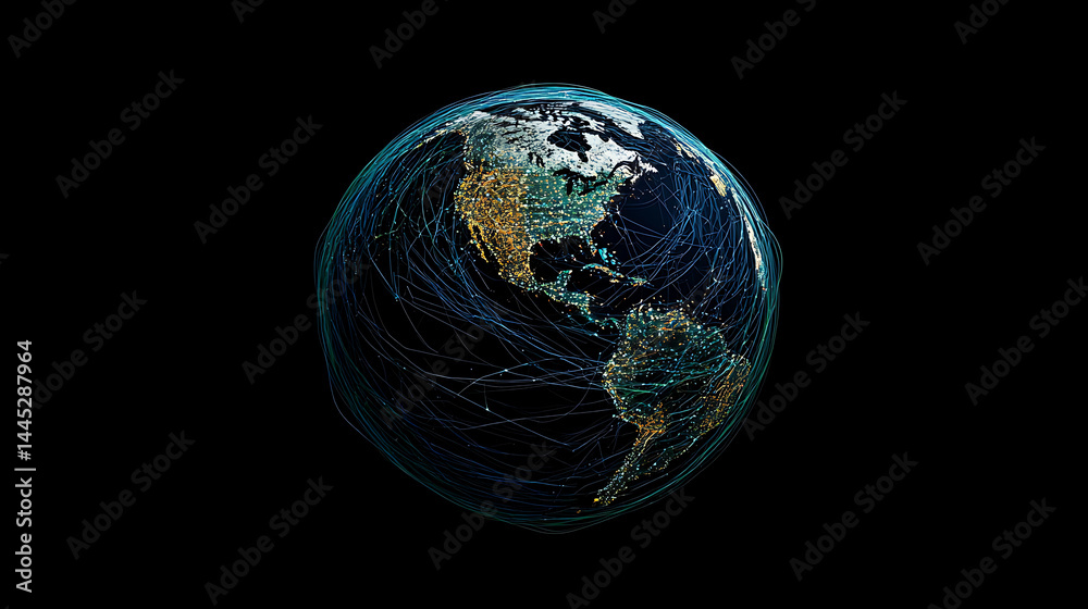 Poster planet earth in space , binary code technology , glowing sphere on black background