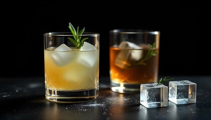 white russian cocktail in glass near ice cubes isolated on black