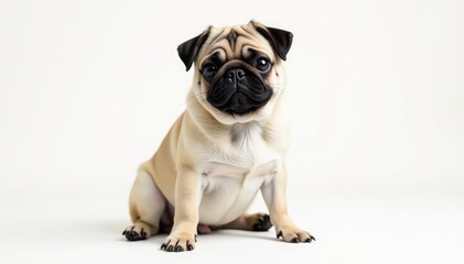 Obraz premium Adorable pug dog sits, isolated on white background, adorable, playful