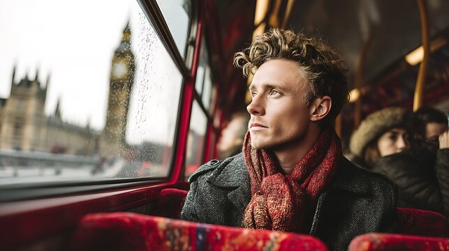 Man on bus, gazing out window at city