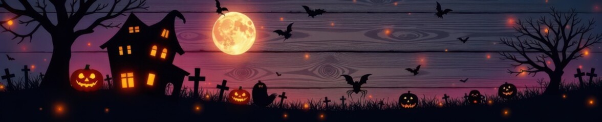 Spooky Halloween silhouettes on dark wood grain , tombstone, halloween, rustic