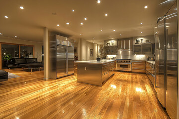 Modern kitchen interior with stainless steel appliances and hardwood flooring