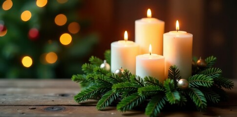 Rustic fir & evergreen advent wreath, four white candles burning, warm bokeh , tradition, image