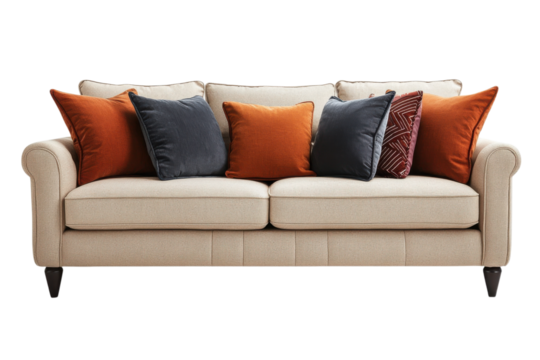 Beige Modern Sofa with Orange and Dark Grey Pillows Comfortable Living Room Furniture Interior on transparent background