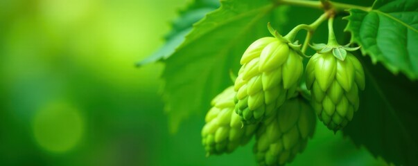 Vibrant green hop cones, glistening with lupulin glands , brewing, harvest