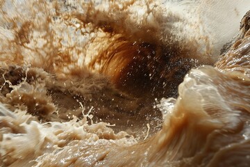 Flash flood waters surge through slot canyon their churning brown currents carving deeper into sandstone