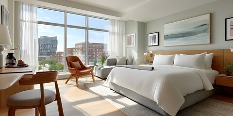Fototapeta premium Modern hotel room flooded with sunlight through floor-to-ceiling windows, featuring a king-size bed, seating area, work desk, and minimalist decor with clean lines and sheer curtains. 