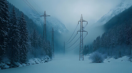 Winter landscape with power lines and fog