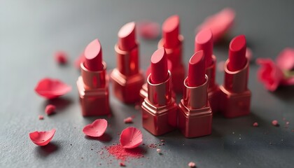selective focus of various red shades of lipsticks isolated on grey