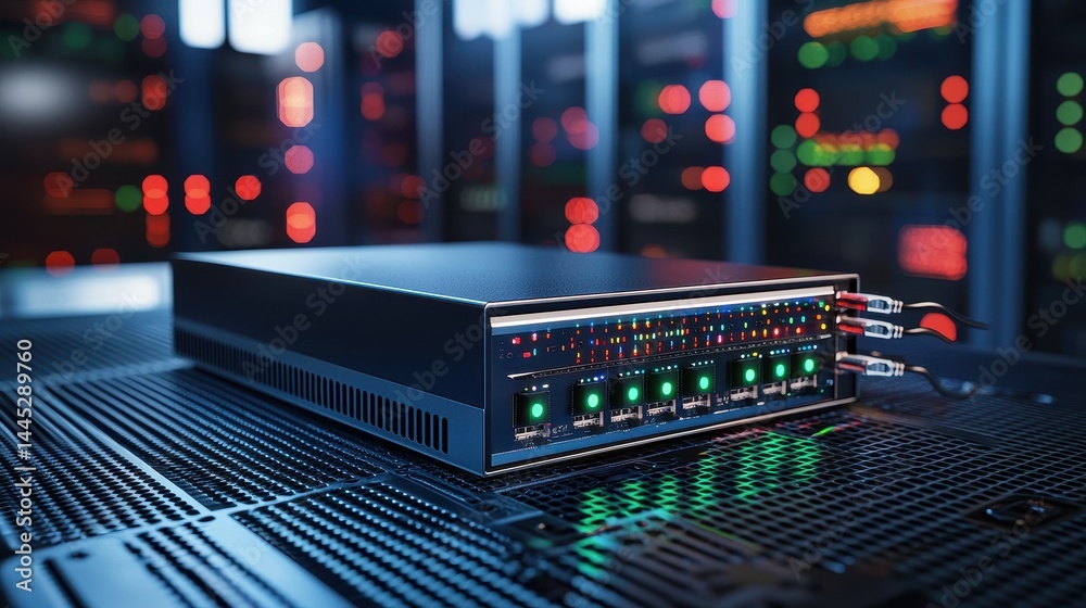 Poster high-tech server system with illuminated indicators in a modern data center.