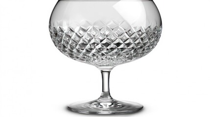 Elegant crystal glass, diamond-cut pattern, round bowl, slender stem, sturdy base. Perfect for spirits
