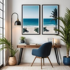 Fototapeta premium Modern Home Office with Coastal Decor and Beach View