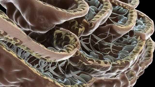 Detailed microscopic view of an anatomical glomerulus structure with capillaries and cellular components, complex kidney filtration system representation.
