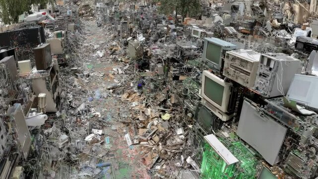 Overhead view of vast electronic waste landscape filled with discarded monitors, circuit boards, and computer towers, conveying environmental pollution