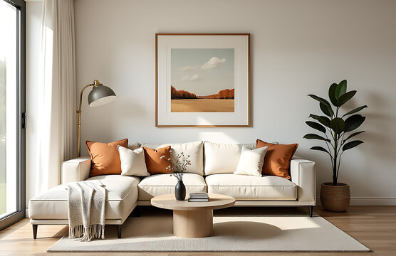 Fototapeta Cozy living room design featuring a minimalist aesthetic with natural textures and pops of color from art and accessories._00001_