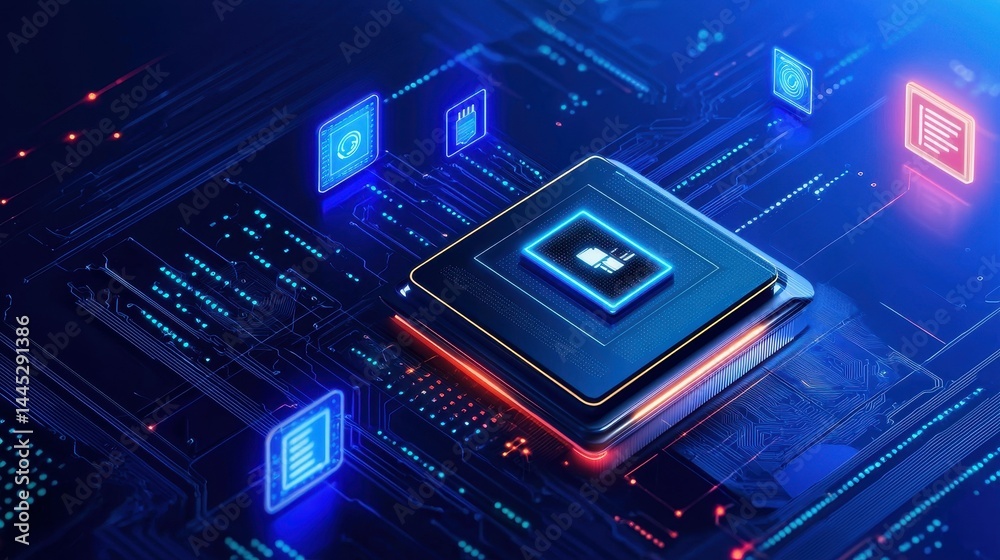 Poster futuristic microchip with glowing circuits and data icons representing technology advancement.