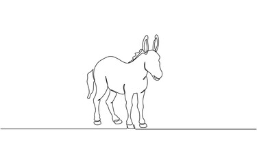 Donkey one line drawing on white isolated background. Vector illustration, Single one line drawing donkey cute farm animal. Friendly tame animals mascot for livestock.