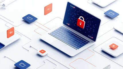 A modern laptop with a security lock icon, showcasing cybersecurity themes.