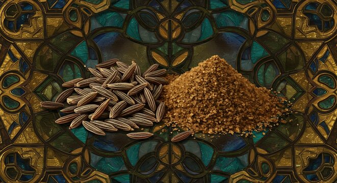 Cumin seeds and ground cumin displayed against ornamental background