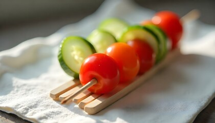 whole red cherry tomato and slice of cucumber on fork isolated on white