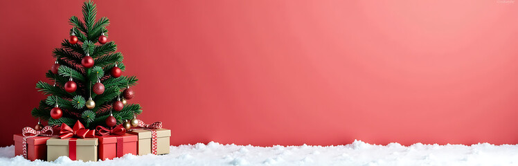 Cozy Christmas scene featuring a decorated tree, gifts, and snowy accents on a white and red background._00001_