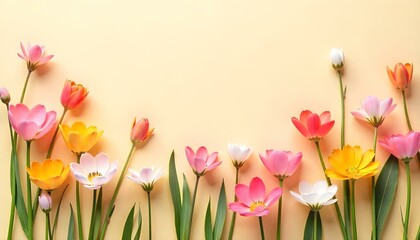 Top-down view of pastel-colored spring blossoms arranged on a rustic beige wooden surface, dappled sunlight, panoramic format.