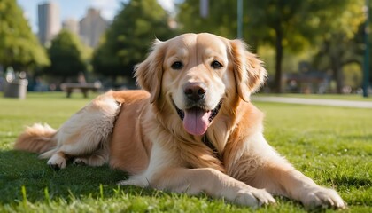 Happy Golden Retriever Relaxing in Park