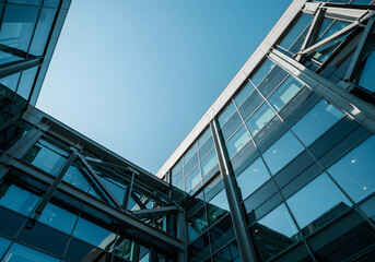 Obraz premium Modern Architecture Building Exterior Glass Facade, Steel Structure, Sky View, Corporate Office Design.