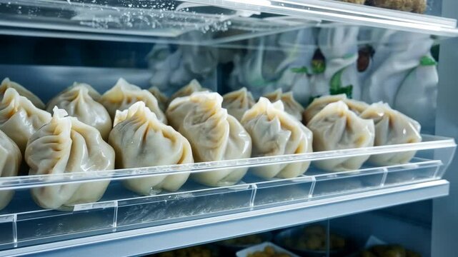 Freshly steamed dumplings in commercial refrigerator closeup