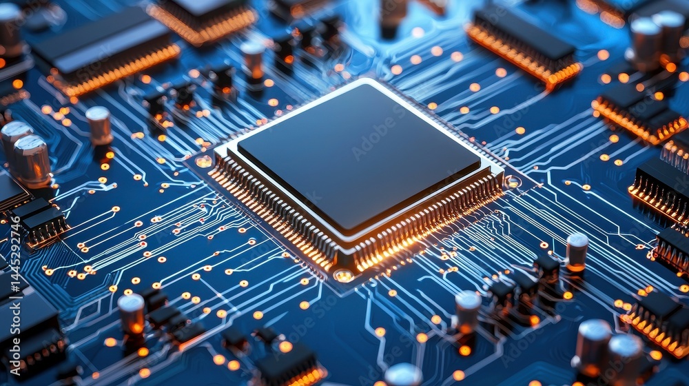 Poster close-up of a modern microprocessor on a circuit board with glowing connections.