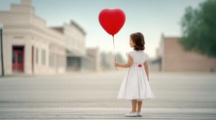 little girl in a vintage 1950s dress holding a red balloon, standing alone on an empty street