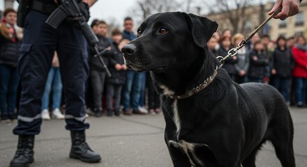 Obraz premium A trained black dog on a leash stands attentively during a public event with a police officer holding a rifle, showcasing security and order.