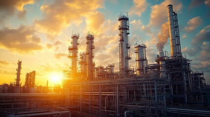 Fototapeta premium Industrial complex at sunset with tall structures and pipelines.