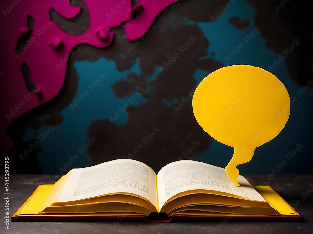 Poster an open book is shown with a yellow speech bubble hovering over it
