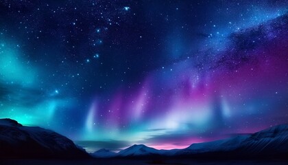 Fototapeta premium Aurora Borealis Night Sky Mountains Stars Winter Landscape Celestial
