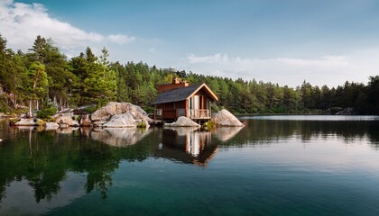 Fototapeta premium Secluded Lake Cabin Getaway Wooden House, Serene Waters, Nature