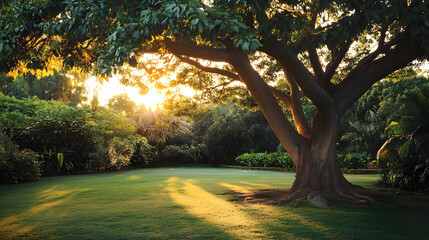 Large leafy tree lush garden with soft golden