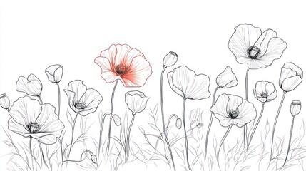 Elegant line art poppy field, serene botanical illustration, printable design