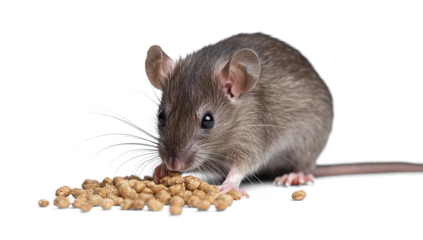A House mouse eating animal feed pellets isolated on transparent background, spiny mouse with pointed snout and whiskers