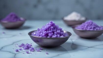 clay and sea salt in bowls on marble surface with flower and decora isolated on grey